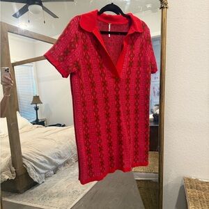 Free People Red Textured Knit Polo Dress